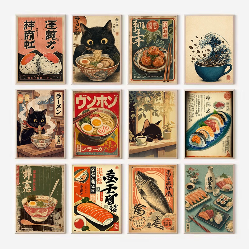 Japanese Lifestyle Food - โปสเตอร์ภาพวาดบนผ้าใบลายอาหารญี่ปุ่นวินเทจ เช่น ข้าวม้วน ซาชิมิ ราเมน ซูชิ