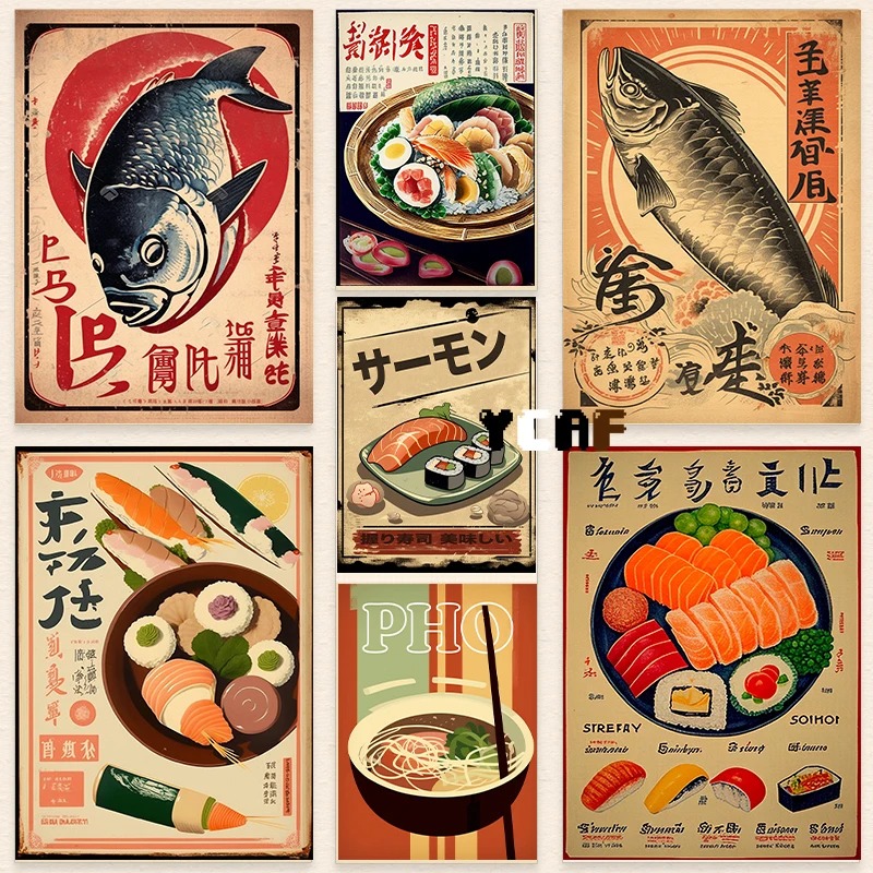 Japanese Lifestyle Food - โปสเตอร์อาหารญี่ปุ่นวินเทจพิมพ์บนผ้าใบวินเทจปลาซูชิบะหมี่กึ่งสำเร็จรูปเครื่องตกแต่งฝาผนังวินเทจสไตล์ญี่ปุ่นตกแต่งห้องครัว