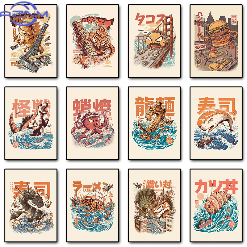 Japanese Lifestyle Food - AZNM ญี่ปุ่นไคจูส์อาหารซูชิราเมนเบอร์เกอร์ซิลล่าโปสเตอร์ภาพวาดบนผ้าใบวินเทจตลกศิลปะติดผนังสำหรับห้องครัวตกแต่งบ้าน