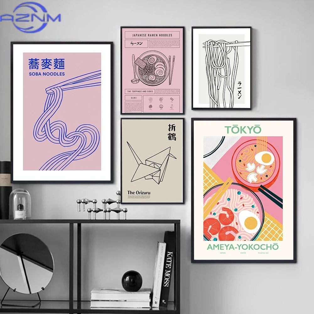 Japanese Lifestyle Food - AZNM AZNM โปสเตอร์ครัวญี่ปุ่น ภาพวาดติดผนังโซบะ ออริกามิ ภาพวาดบนผ้าใบแบบนามธรรม